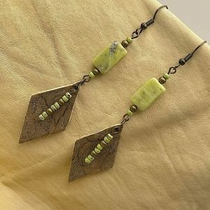Leather Dangle Earrings Olive New Jade Serpentine Antique Brass Picasso Beads